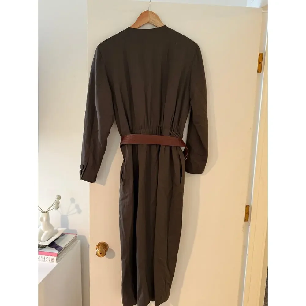 Vintage Talbots Olive Green Military Midi Dress Wool Blend Size‎ 8 ✨